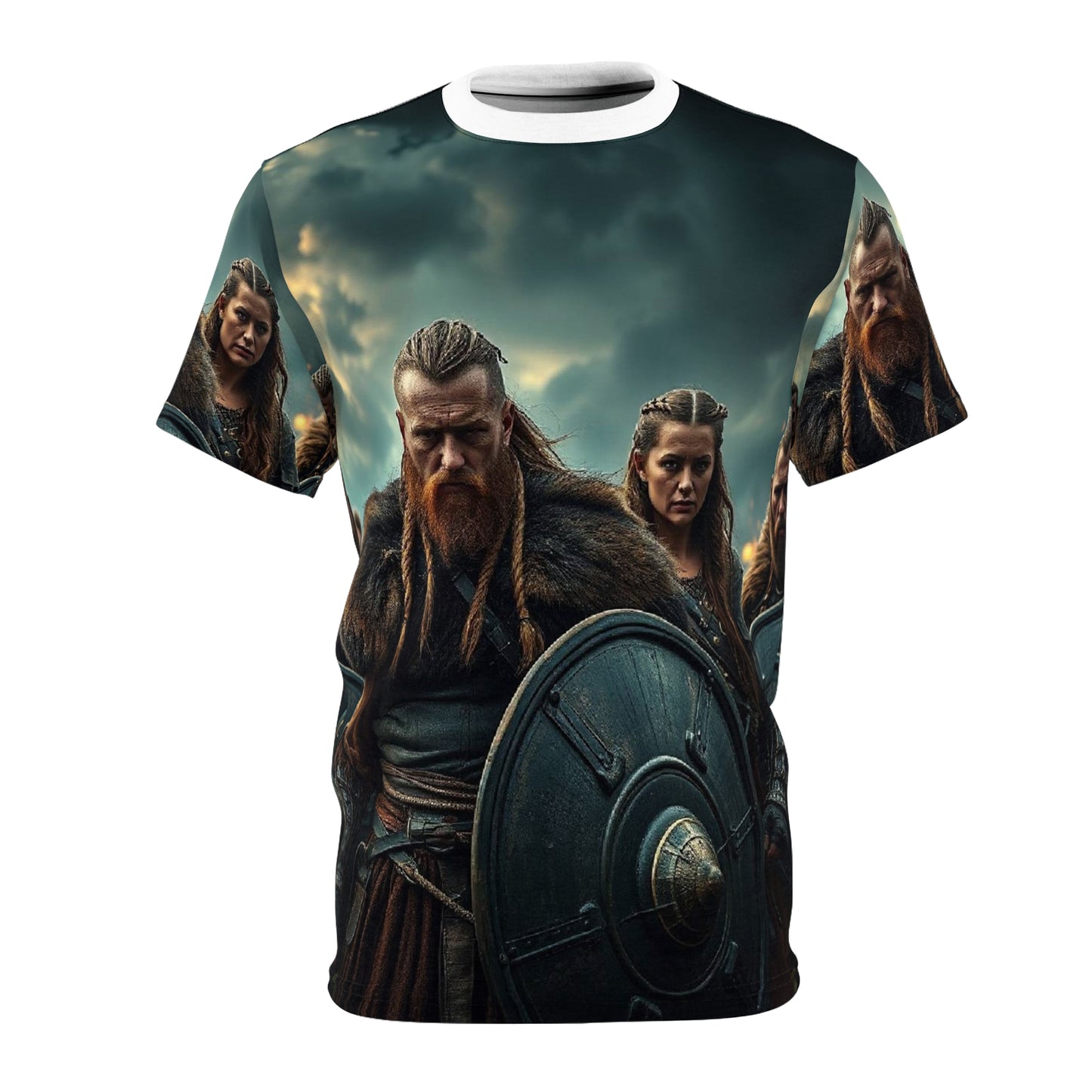 Viking Warriors All-Over Print Tee — Norse Shield & Storm Scene
