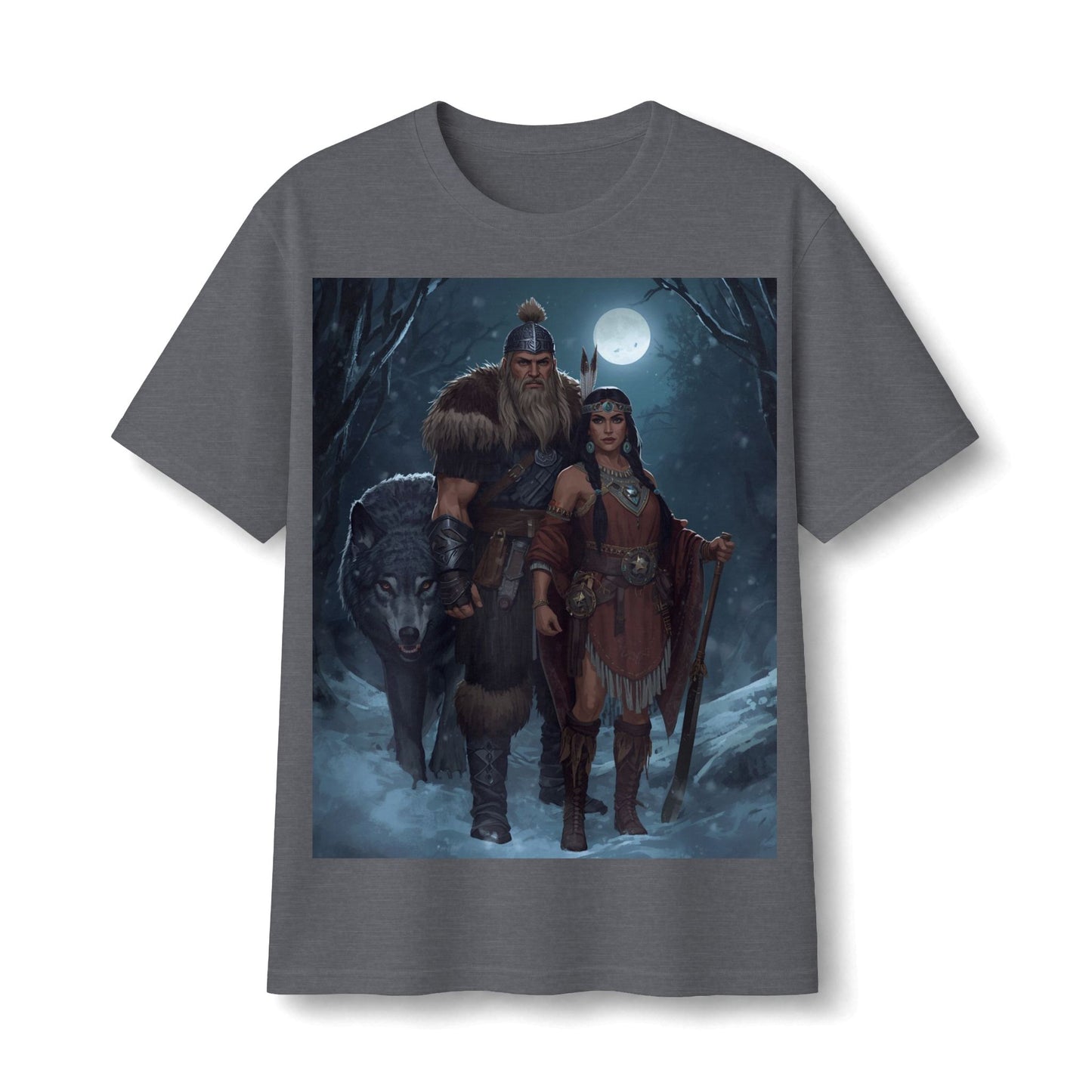 Viking Warrior Couple Tee — Norse Wolf Moon Fantasy T‑Shirt
