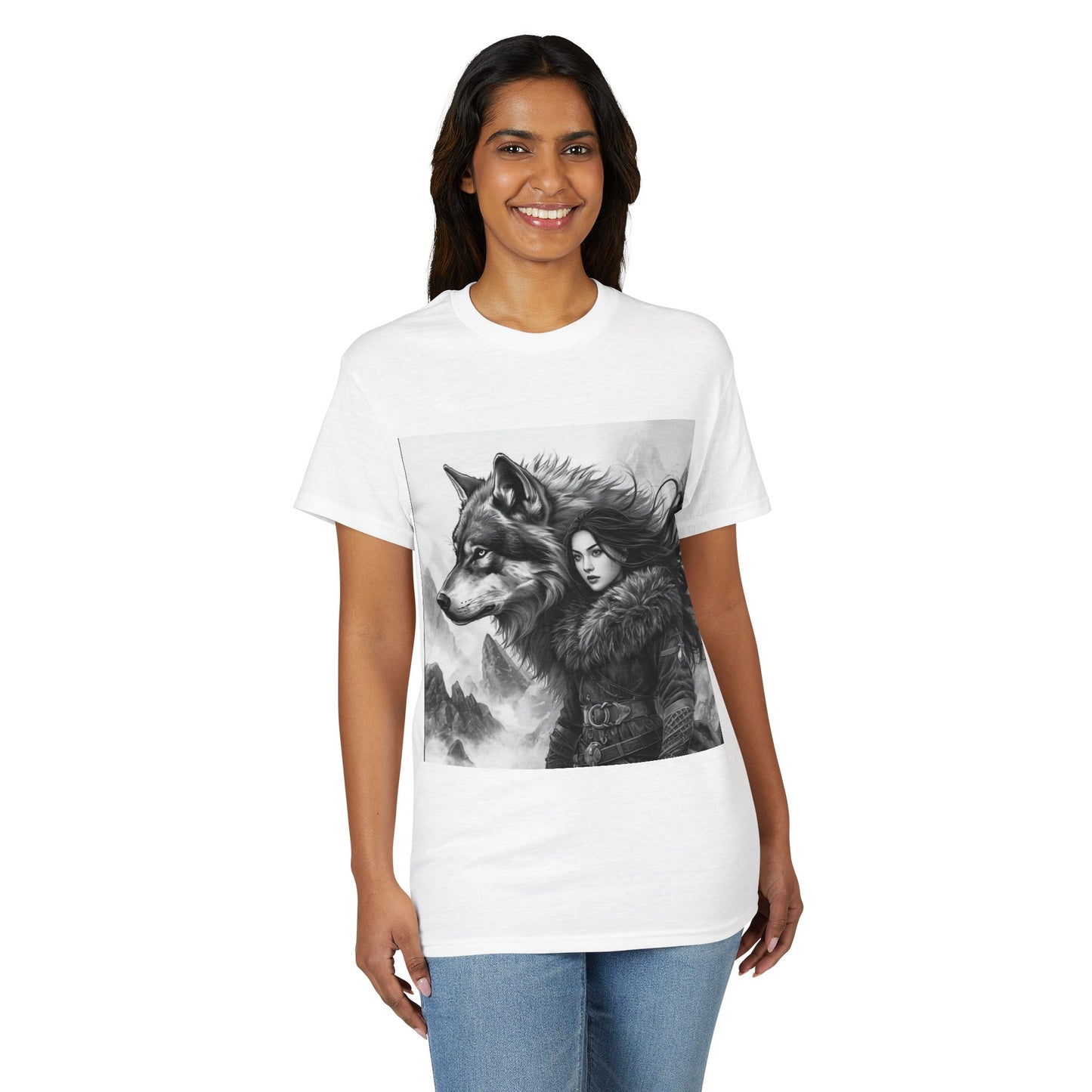 Wolf Guardian T-Shirt — Viking Woman & Wolf Fantasy Graphic Tee