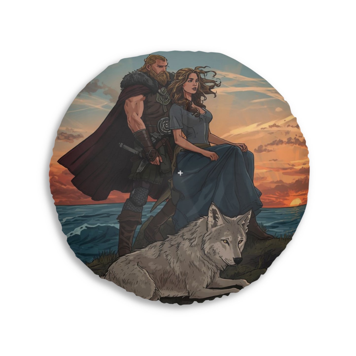 Viking Wolf Guardian Round Floor Pillow — Fantasy Norse Heroine & Wolf Artwork