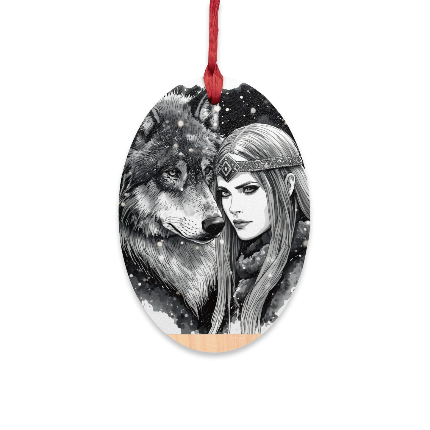 Viking Wolf & Woman Wooden Bell Ornament — Rustic Nordic Holiday Decoration