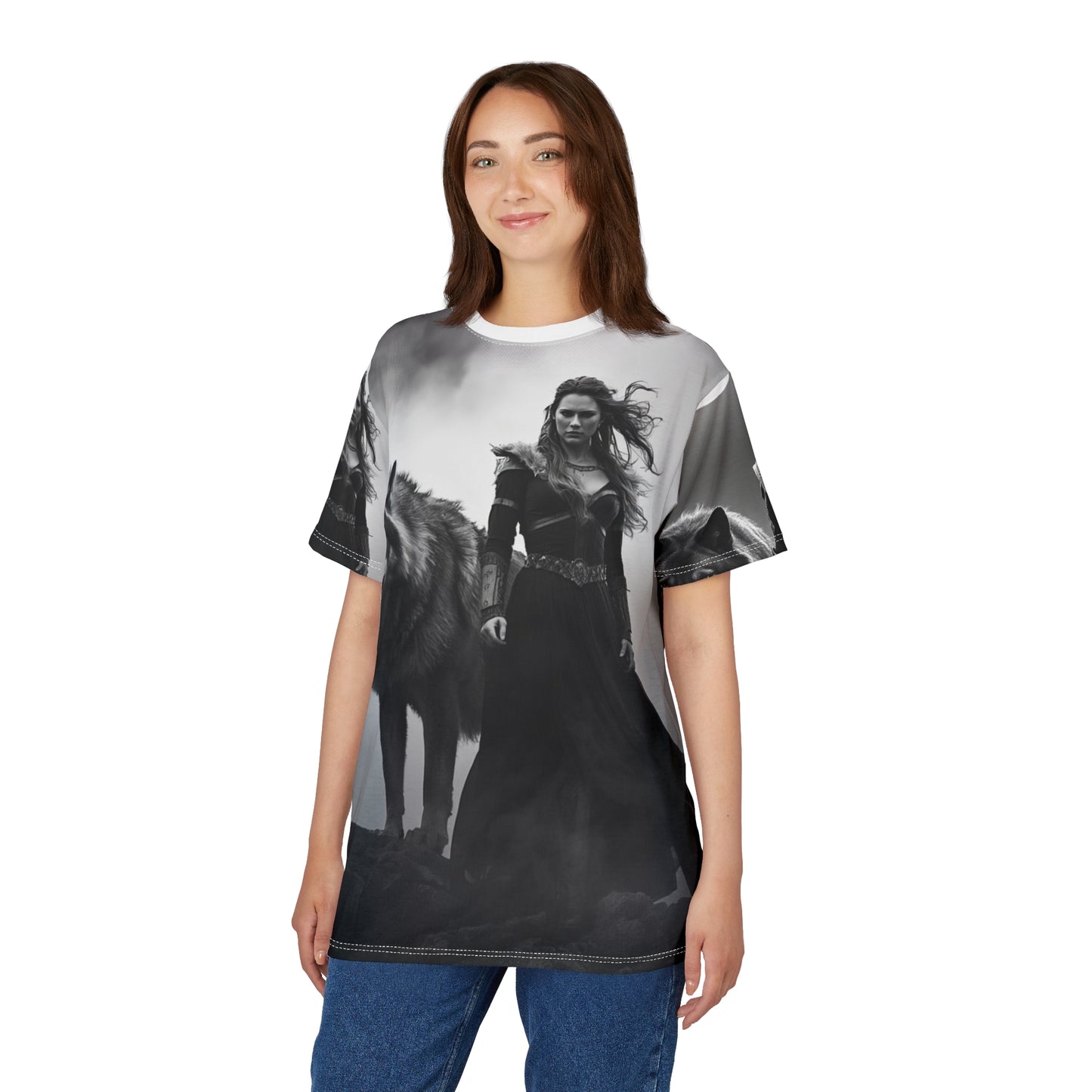 Viking Wolf Guardian Tee — Black & White Norse Warrior All-Over Print