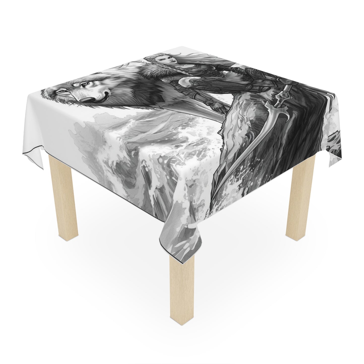 Viking Warrior & Wolf Tablecloth — Norse Fantasy Table Decor