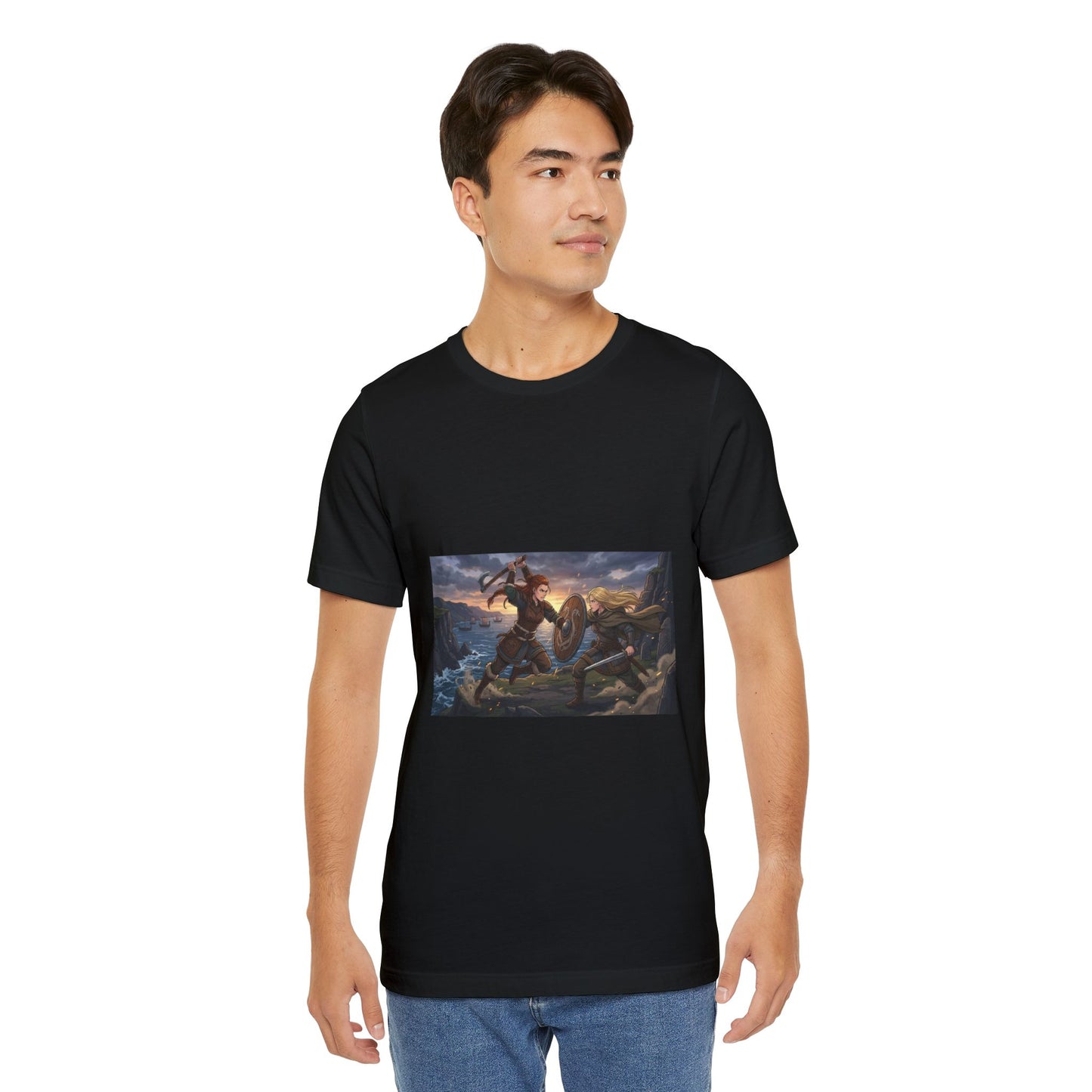 Viking Warrior Battle Scene T-Shirt — Norse Myth Shield & Axe Graphic Tee