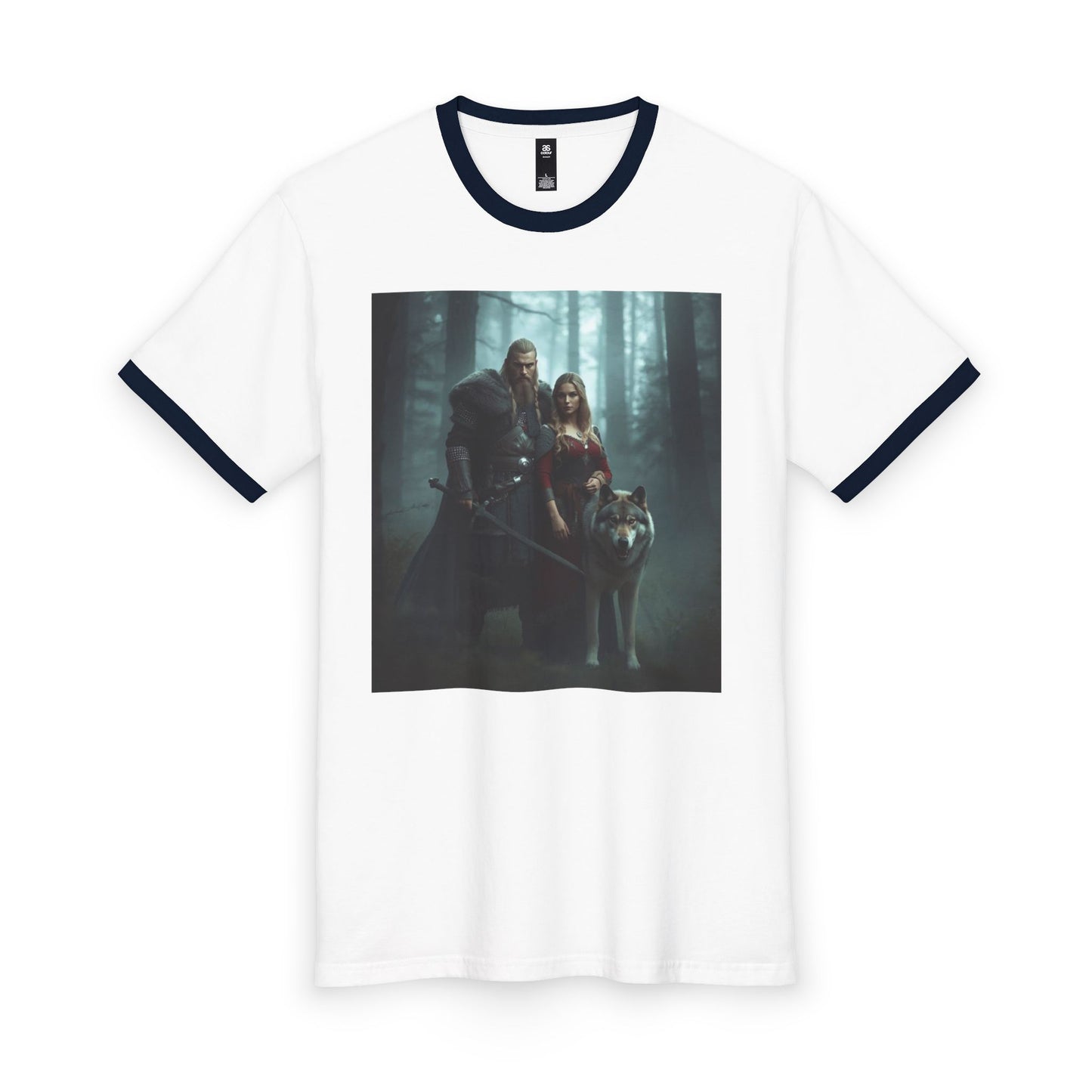 Viking Couple & Wolf Ringer Tee — Norse Warrior Fantasy T‑Shirt
