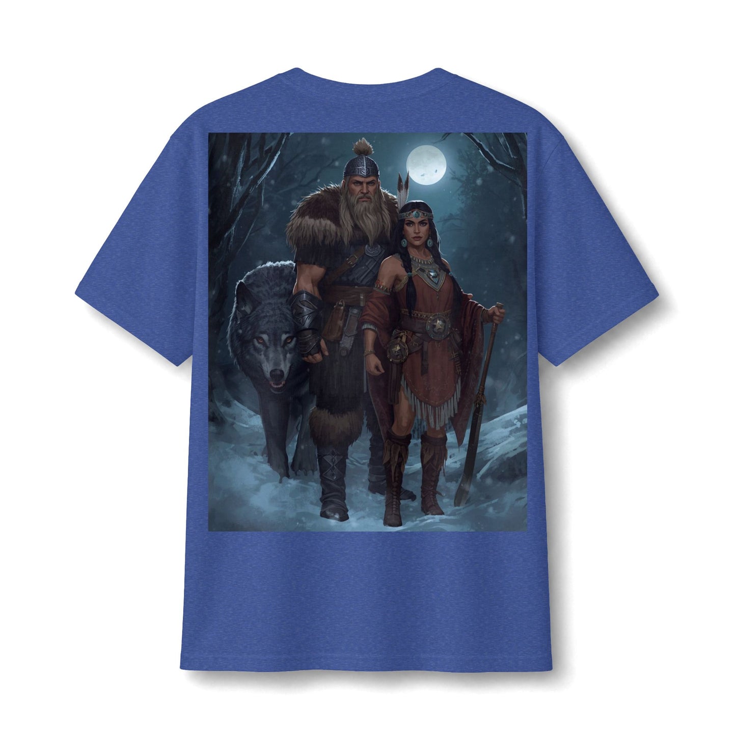 Viking Warrior Couple Tee — Norse Wolf Moon Fantasy T‑Shirt