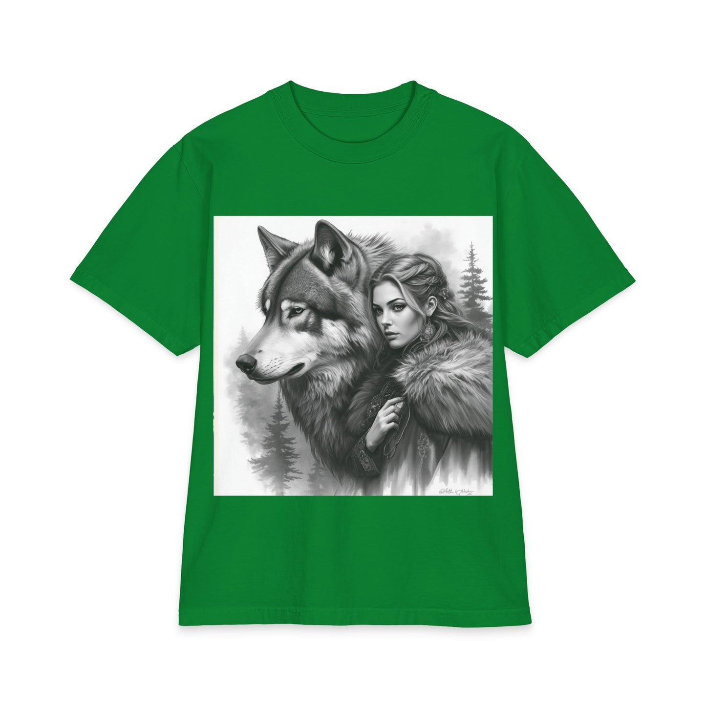 Wolf Guardian T‑Shirt — Woman & Wolf Forest Portrait Graphic Tee