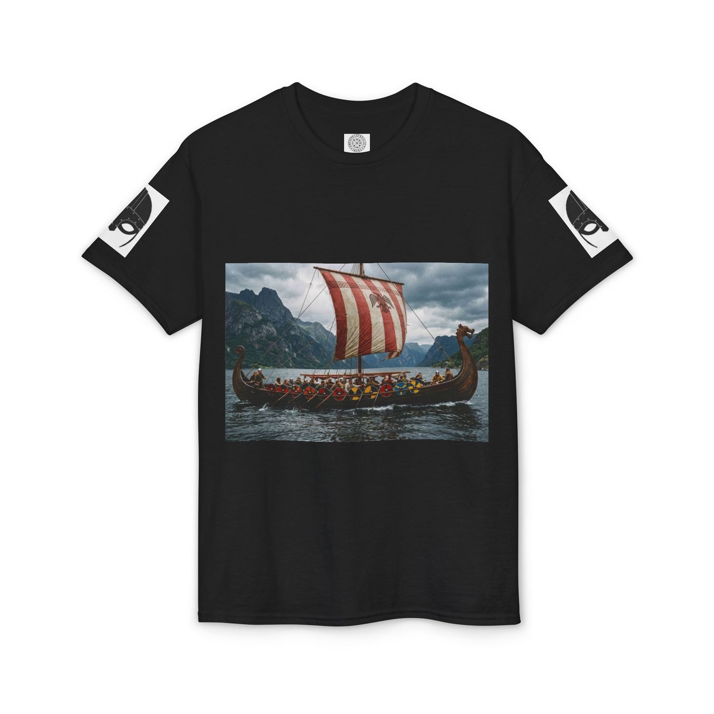 Viking Longship Graphic T-Shirt — Red Striped Sail Nautical Norse Design