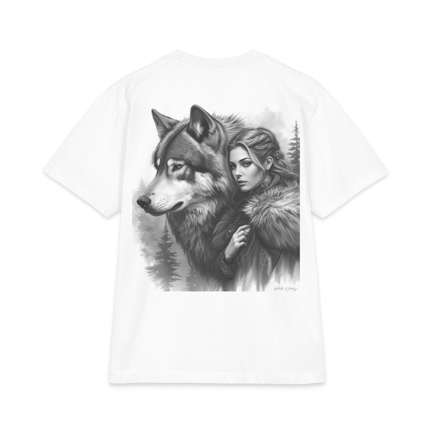 Wolf Guardian T‑Shirt — Woman & Wolf Forest Portrait Graphic Tee