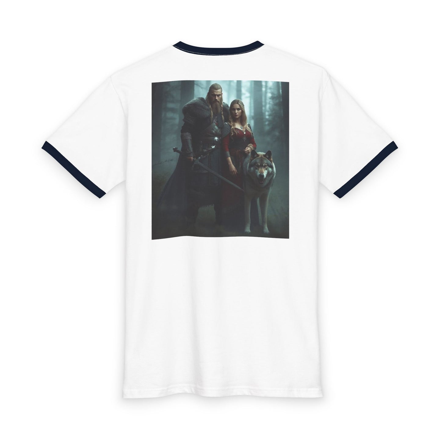 Viking Couple & Wolf Ringer Tee — Norse Warrior Fantasy T‑Shirt