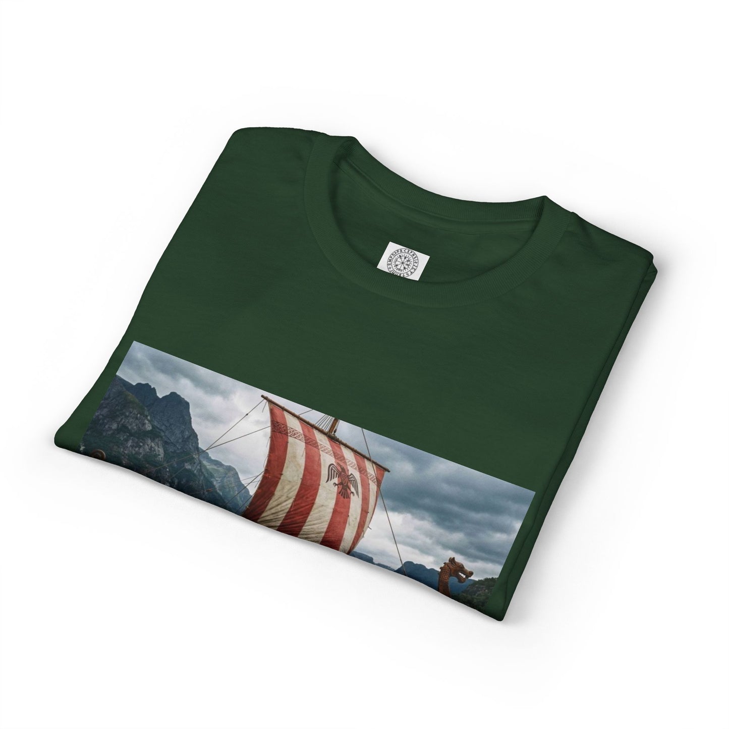 Viking Longship Graphic T-Shirt — Red Striped Sail Nautical Norse Design
