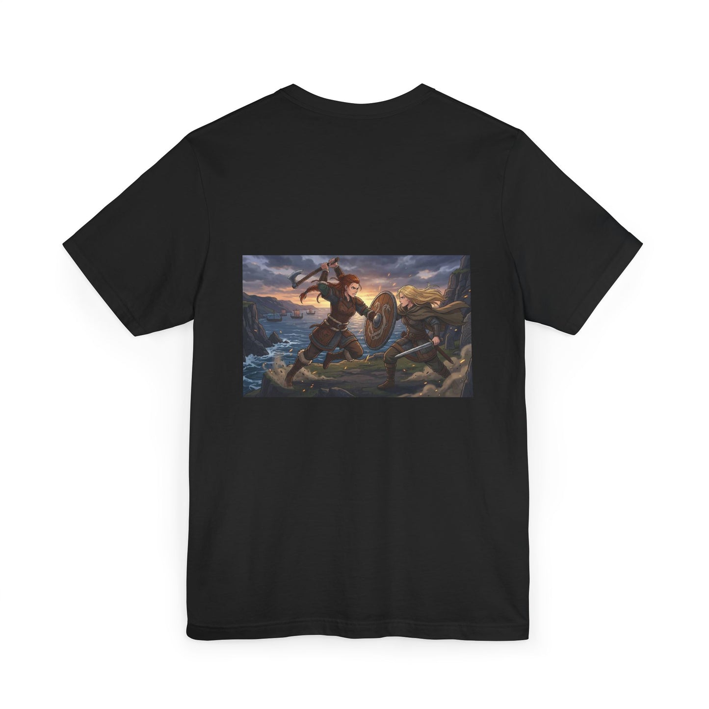 Viking Warrior Battle Scene T-Shirt — Norse Myth Shield & Axe Graphic Tee