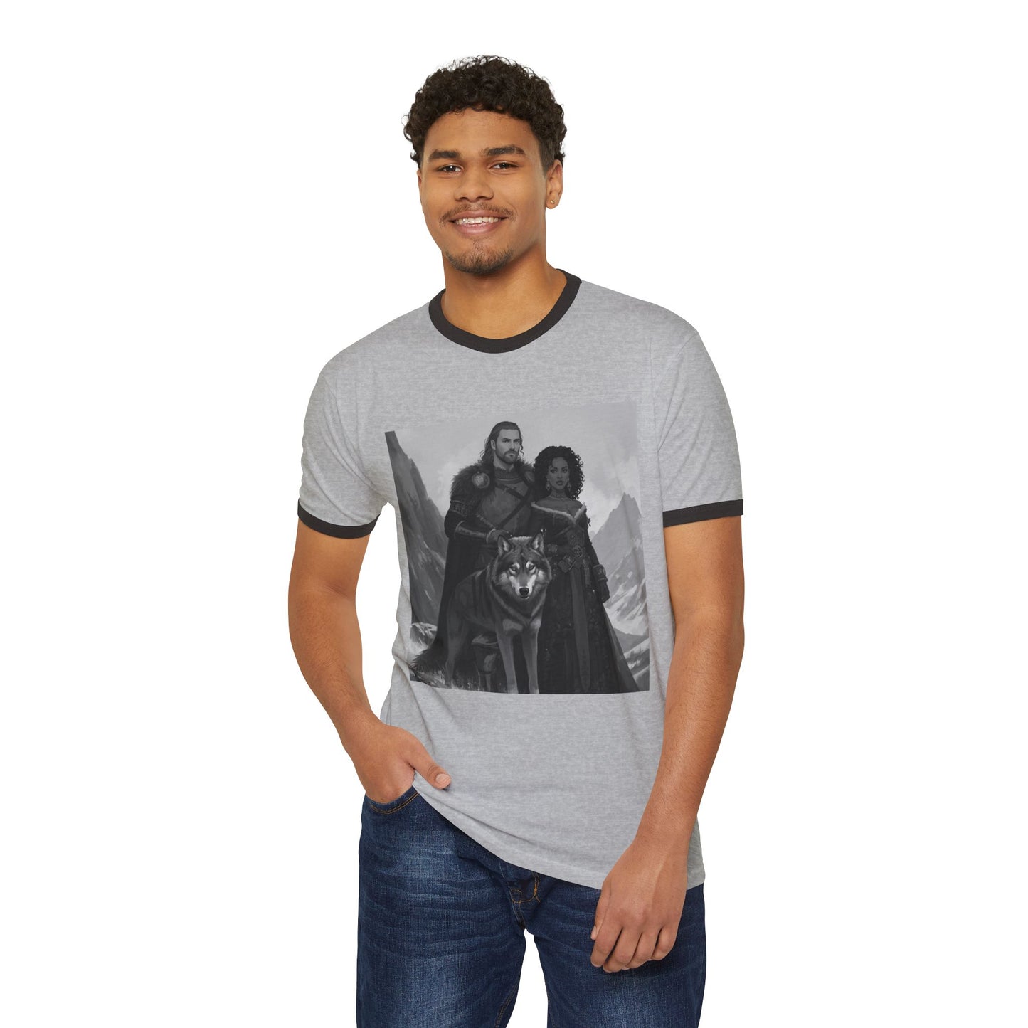 Medieval Fantasy Couple & Wolf Ringer T-Shirt — Adventure Vibe Tee