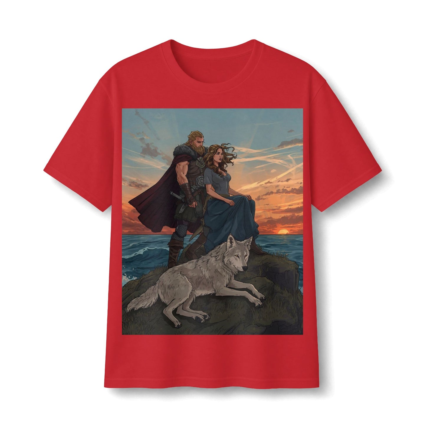 Viking Couple & Wolf Sunset T-Shirt