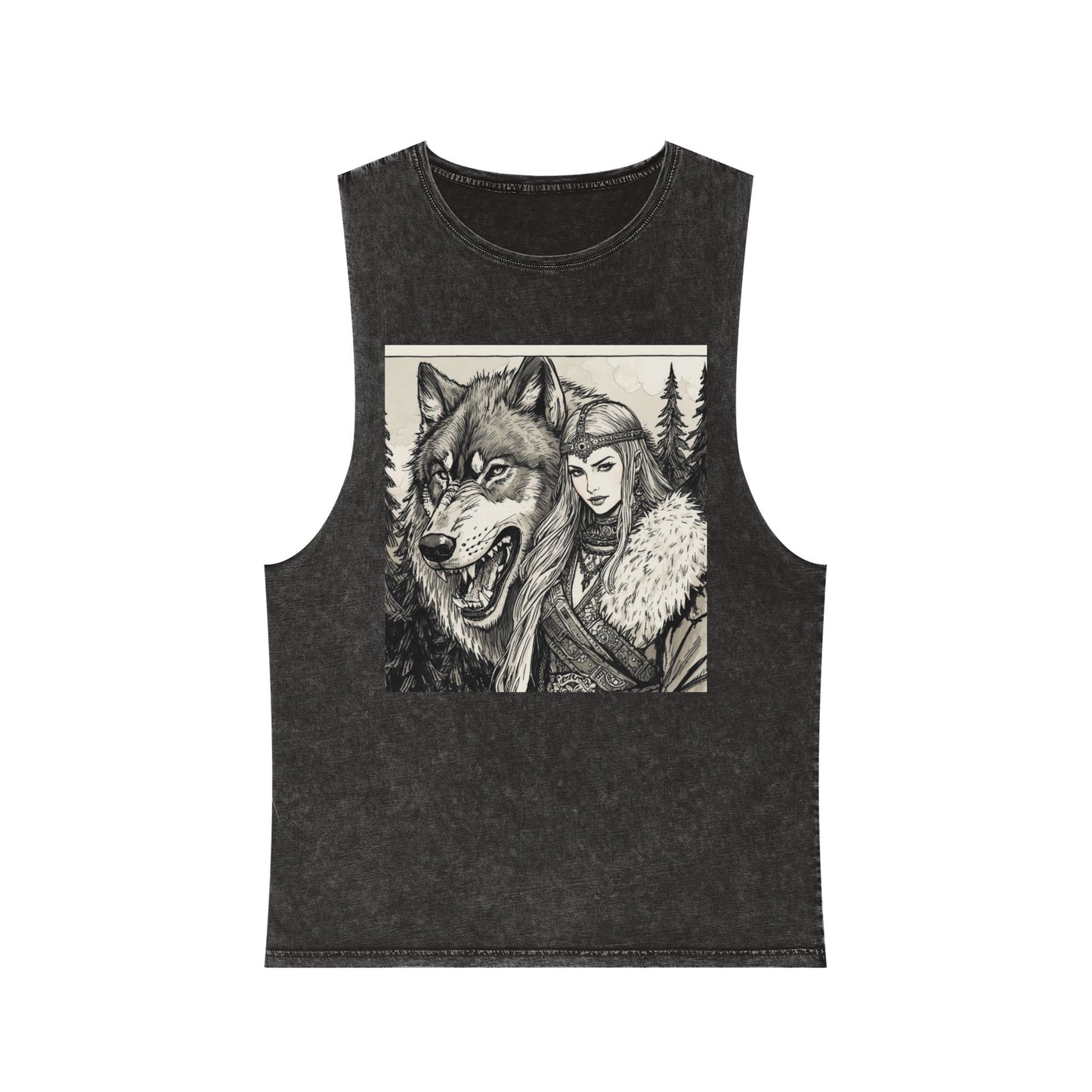 Viking Wolf Warrior Tank Top — Norse Female Viking & Wolf Graphic Stonewash Tank