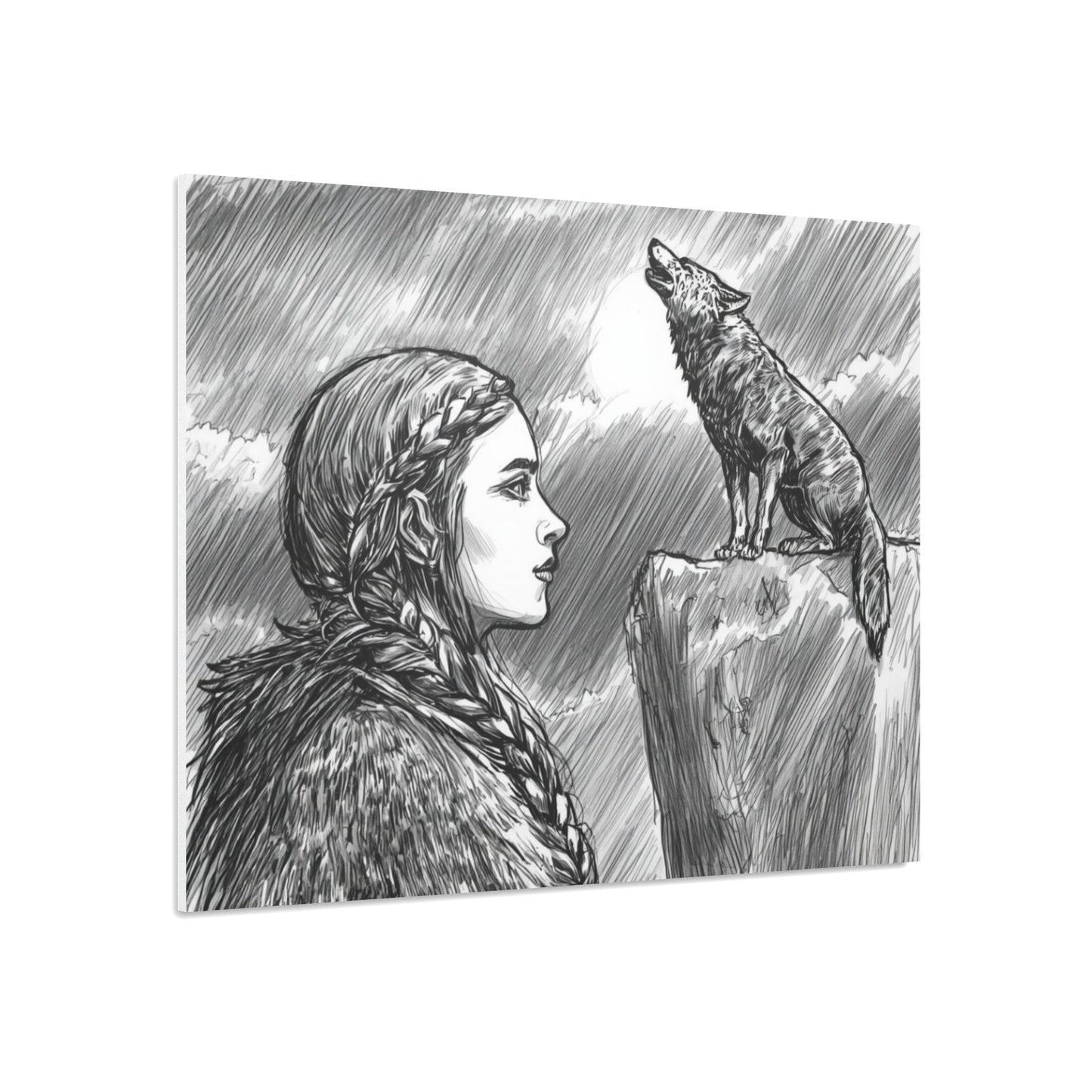 Foam Board - Viking Woman with Howling Wolf Illustration (Monochrome Nordic Wall Art)