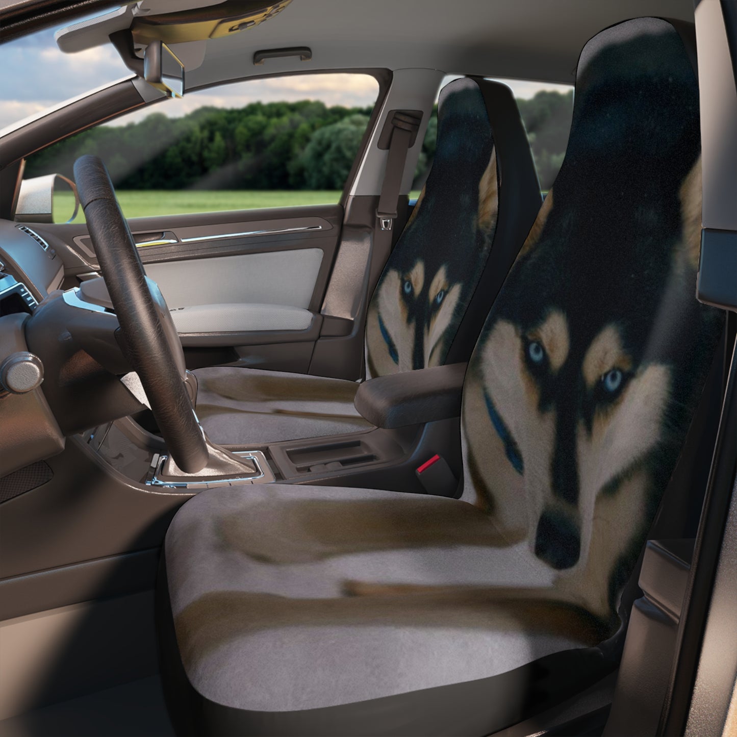 Husky Face Car Seat Covers - Bold Siberian Wolf Print Front Seat Protector