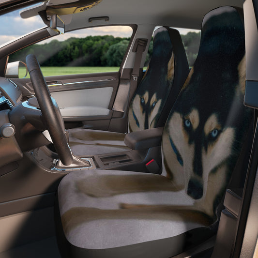 Husky Face Car Seat Covers - Bold Siberian Wolf Print Front Seat Protector