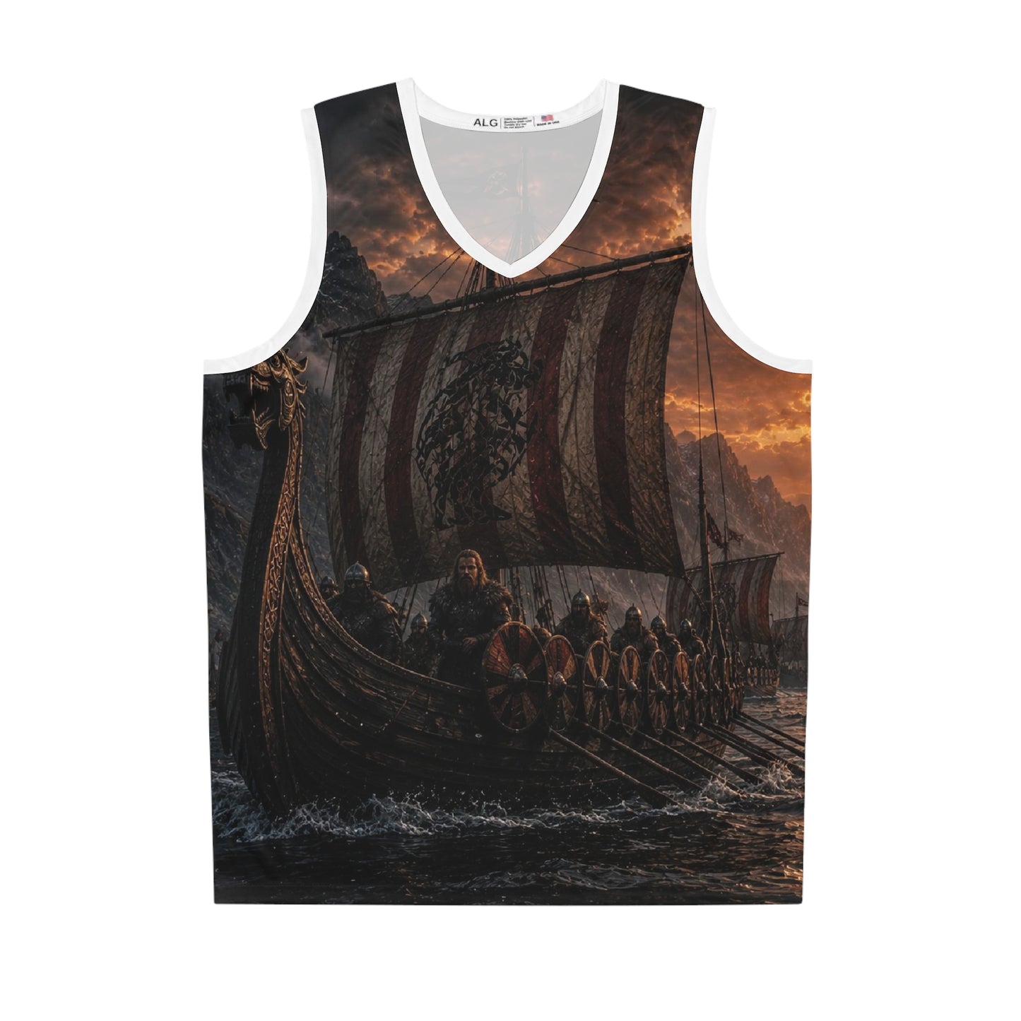 Viking Longship Basketball Jersey — All-Over Print Norse Raid Design