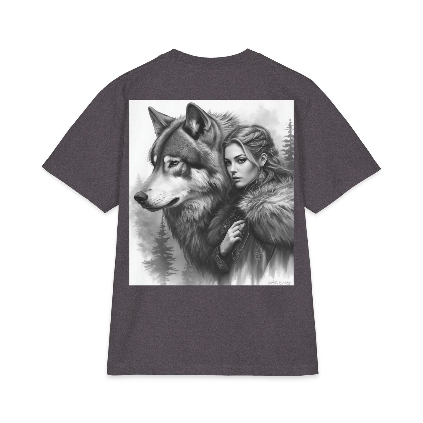 Wolf Guardian T‑Shirt — Woman & Wolf Forest Portrait Graphic Tee