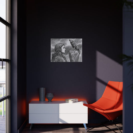 Foam Board - Viking Woman with Howling Wolf Illustration (Monochrome Nordic Wall Art)