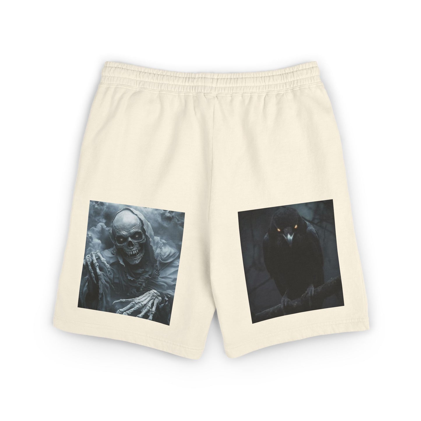 Skull & Raven Fleece Sweat Shorts — Gothic Horror Graphic Lounge Shorts