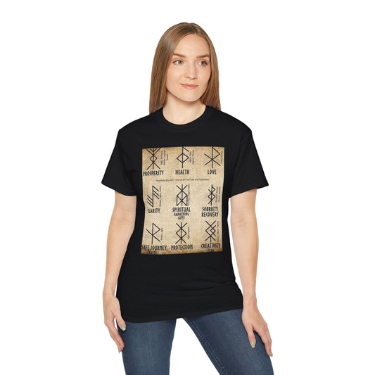 Runic Symbols T‑Shirt — Prosperity, Health & Protection Viking Rune Grid Tee