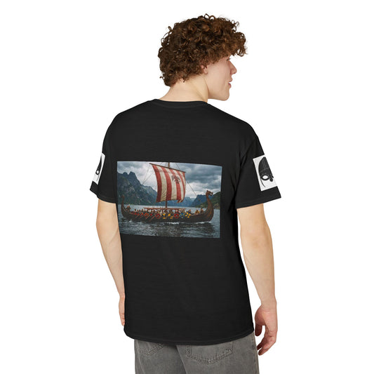 Viking Longship Graphic T-Shirt — Red Striped Sail Nautical Norse Design